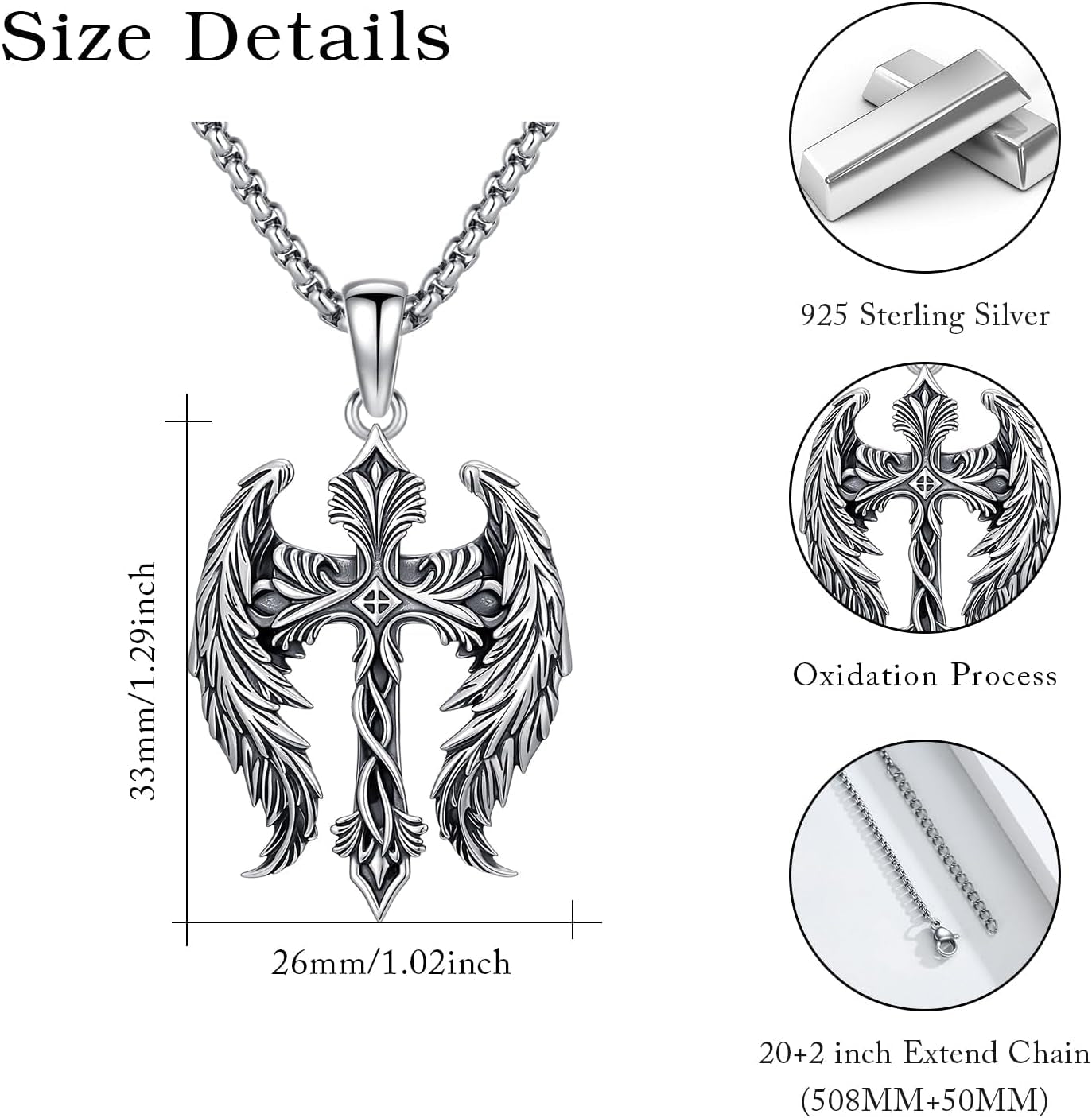 Cross Wings Necklace for Men Women S925 Sterling Silver Guardian Angel Wings Cross Pendant Necklaces Gifts for Men Angel'S Wing Jewelry Birthday Gift 20+2 Inch Stainless Steel Chain