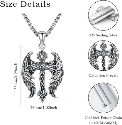 Cross Wings Necklace for Men Women S925 Sterling Silver Guardian Angel Wings Cross Pendant Necklaces Gifts for Men Angel'S Wing Jewelry Birthday Gift 20+2 Inch Stainless Steel Chain