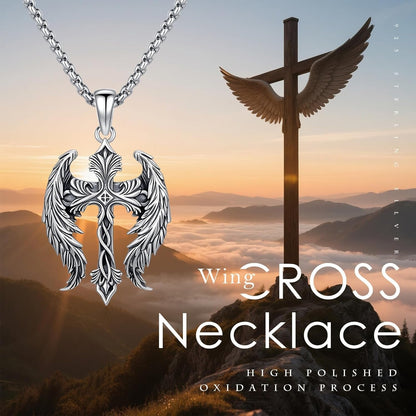 Cross Wings Necklace for Men Women S925 Sterling Silver Guardian Angel Wings Cross Pendant Necklaces Gifts for Men Angel'S Wing Jewelry Birthday Gift 20+2 Inch Stainless Steel Chain