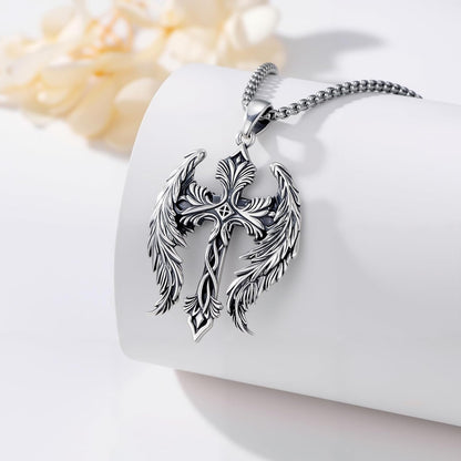 Cross Wings Necklace for Men Women S925 Sterling Silver Guardian Angel Wings Cross Pendant Necklaces Gifts for Men Angel'S Wing Jewelry Birthday Gift 20+2 Inch Stainless Steel Chain