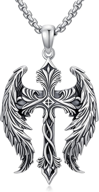 Cross Wings Necklace for Men Women S925 Sterling Silver Guardian Angel Wings Cross Pendant Necklaces Gifts for Men Angel'S Wing Jewelry Birthday Gift 20+2 Inch Stainless Steel Chain - WORLD TIME VISITS