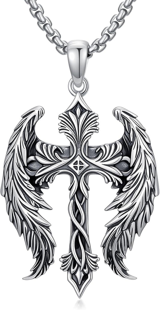 Cross Wings Necklace for Men Women S925 Sterling Silver Guardian Angel Wings Cross Pendant Necklaces Gifts for Men Angel'S Wing Jewelry Birthday Gift 20+2 Inch Stainless Steel Chain - WORLD TIME VISITS