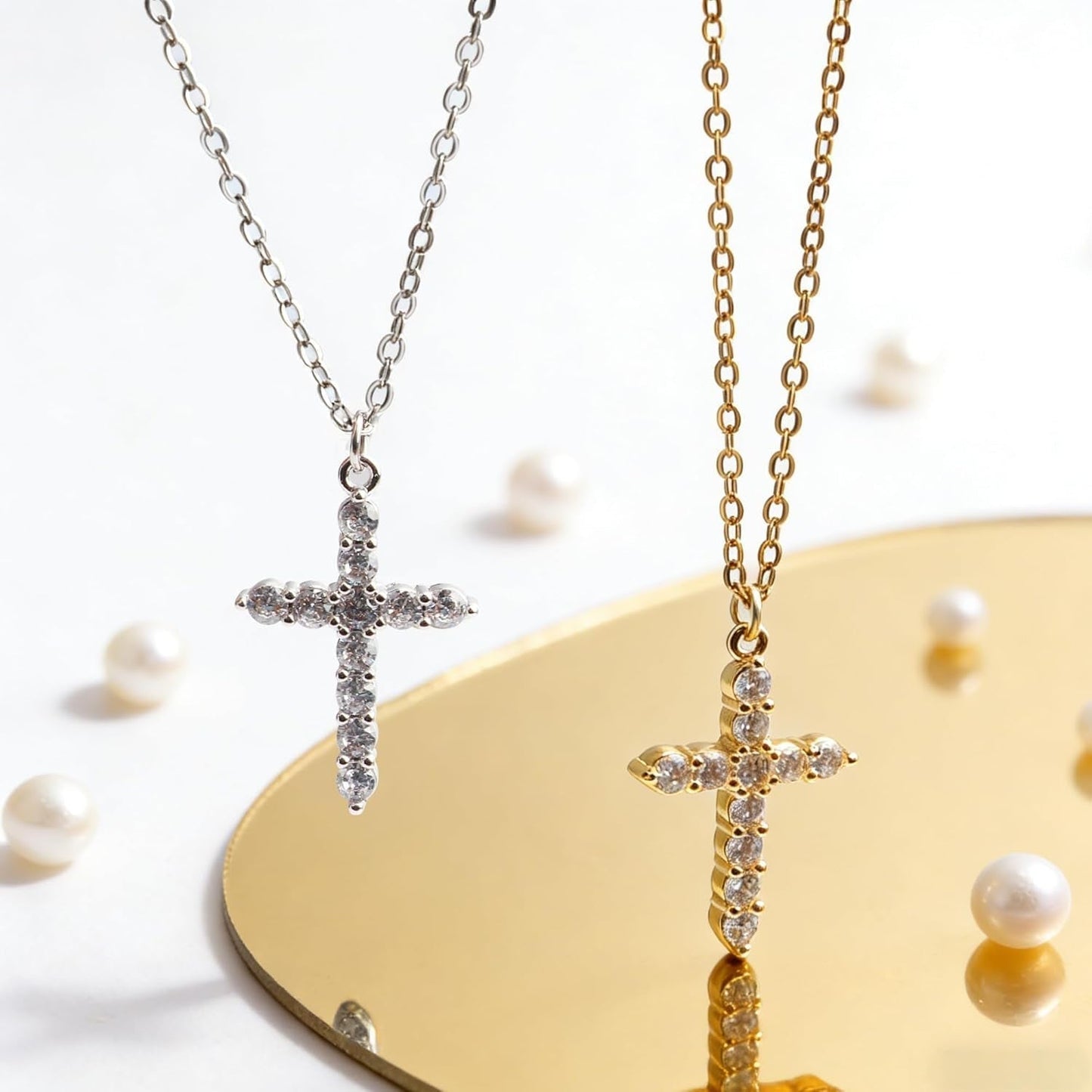 Crown Cross Necklace for Women, 14K Gold Silver Cubic Zirconia Crown Cross Necklace, Diamond Gold Silver Cross Necklaces, Dainty Cross Faith Simple Trendy Charm Jewelry Gift for Women