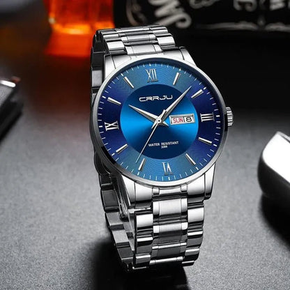 CRRJU Men's Minimalist Leisure Luxury Automatic Dating Watch Fashion Business Japanese Movement Quartz Waterproof Watch Men's Silver Stainless Steel Watch Band - WORLD TIME VISITS