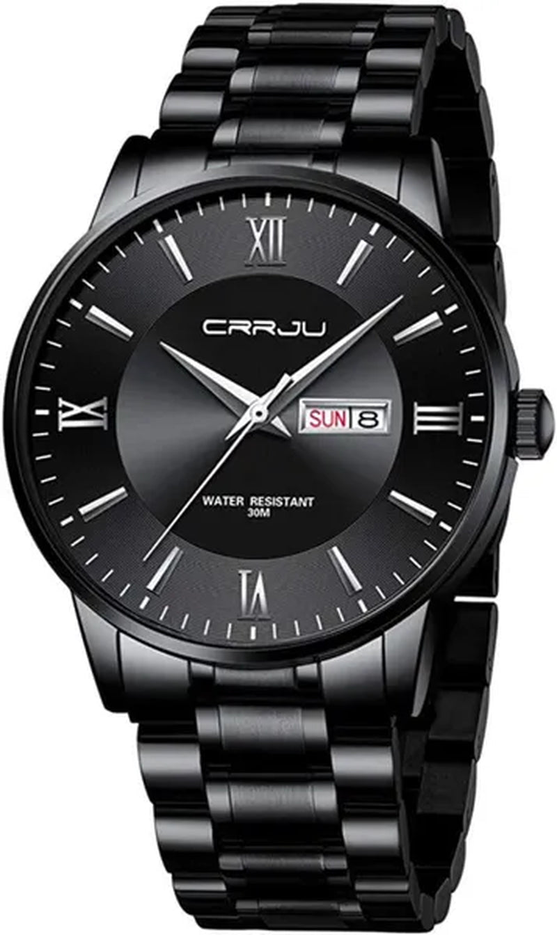 CRRJU Men's Minimalist Leisure Luxury Automatic Dating Watch Fashion Business Japanese Movement Quartz Waterproof Watch Men's Silver Stainless Steel Watch Band