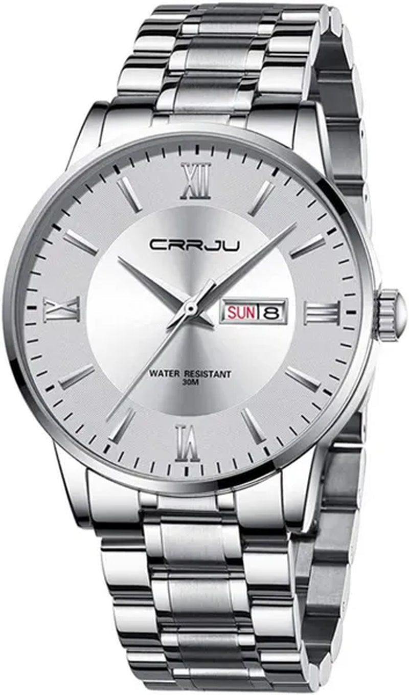 CRRJU Men's Minimalist Leisure Luxury Automatic Dating Watch Fashion Business Japanese Movement Quartz Waterproof Watch Men's Silver Stainless Steel Watch Band - WORLD TIME VISITS