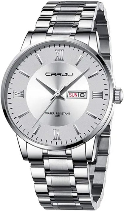 CRRJU Men's Minimalist Leisure Luxury Automatic Dating Watch Fashion Business Japanese Movement Quartz Waterproof Watch Men's Silver Stainless Steel Watch Band - WORLD TIME VISITS