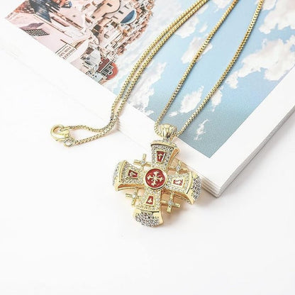 Crusaders Jerusalem Cross Pendant Necklace Gold Plating 18K Enamel Crystallized Stones 1.3"