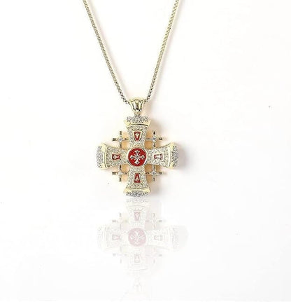 Crusaders Jerusalem Cross Pendant Necklace Gold Plating 18K Enamel Crystallized Stones 1.3" - WORLD TIME VISITS