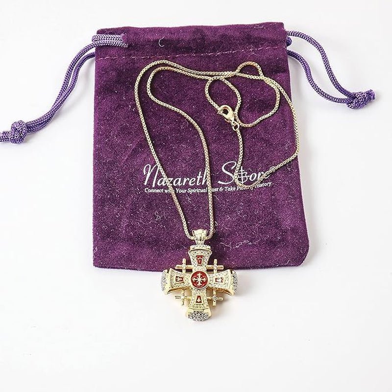 Crusaders Jerusalem Cross Pendant Necklace Gold Plating 18K Enamel Crystallized Stones 1.3"