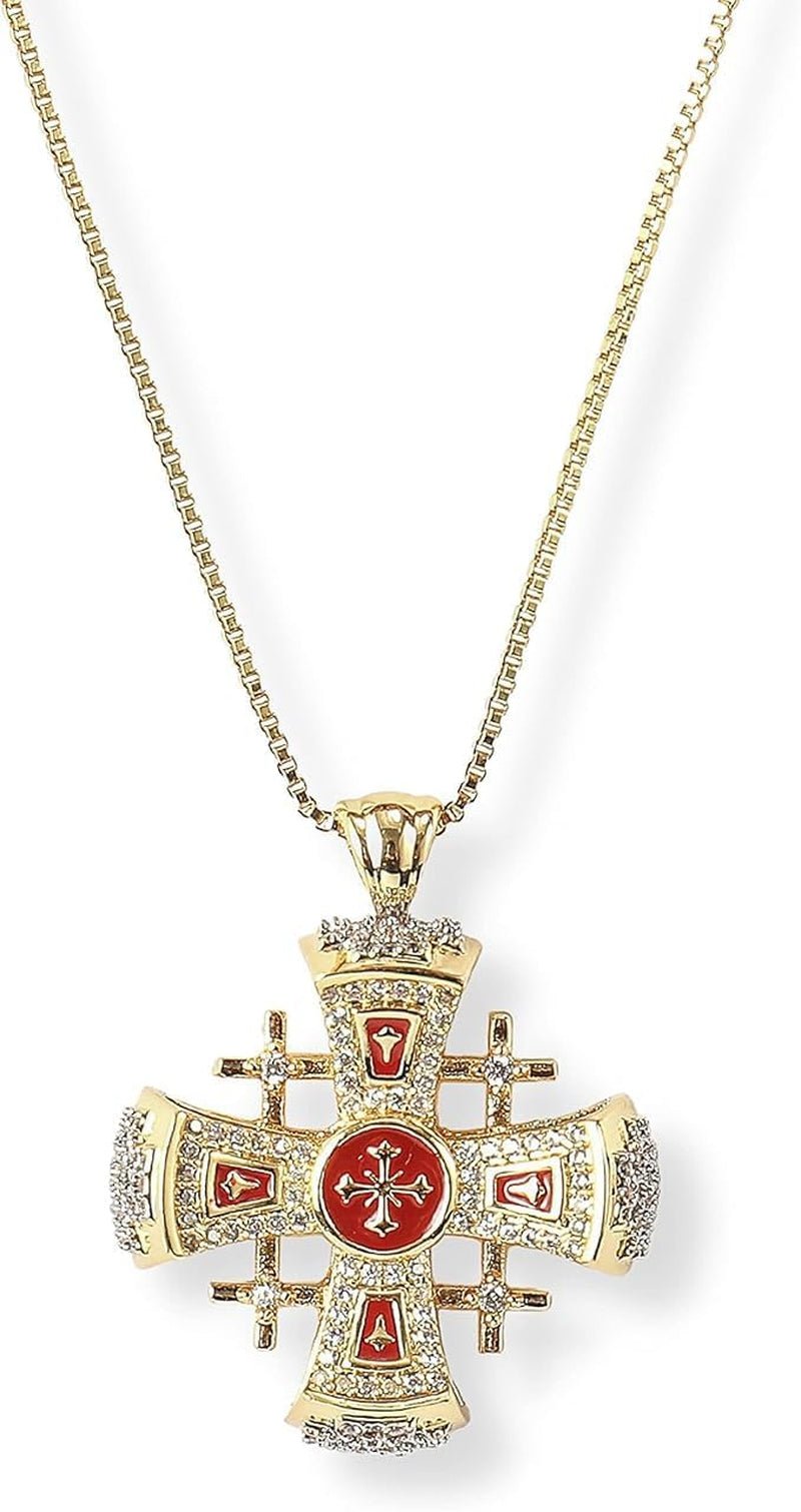 Crusaders Jerusalem Cross Pendant Necklace Gold Plating 18K Enamel Crystallized Stones 1.3" - WORLD TIME VISITS