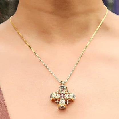 Crusaders Jerusalem Cross Pendant Necklace Gold Plating 18K Enamel Crystallized Stones 1.3"