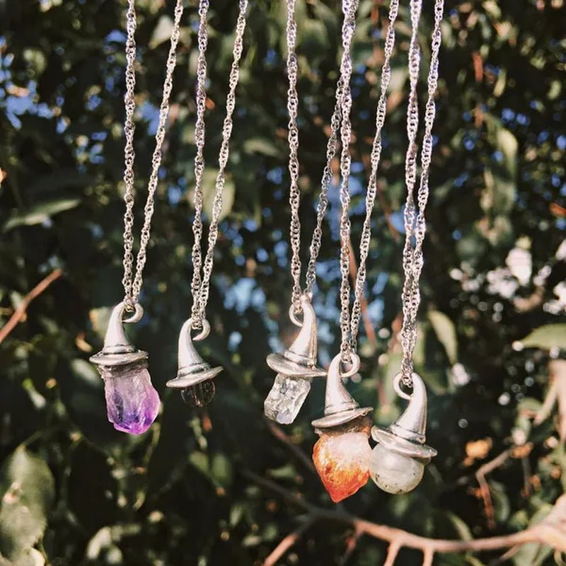 Crystal Ball Witch Hat Necklace Witch Hat - Earth(Smoky Quartz) - Sea(Crystal Quartz) - Air(Amethyst) - Soul(Labradorite) - Fire(Citrine) Elemental Witch Necklace - WORLD TIME VISITS