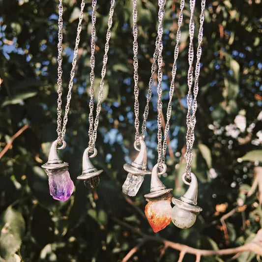 Crystal Ball Witch Hat Necklace Witch Hat - Earth(Smoky Quartz) - Sea(Crystal Quartz) - Air(Amethyst) - Soul(Labradorite) - Fire(Citrine) Elemental Witch Necklace - WORLD TIME VISITS