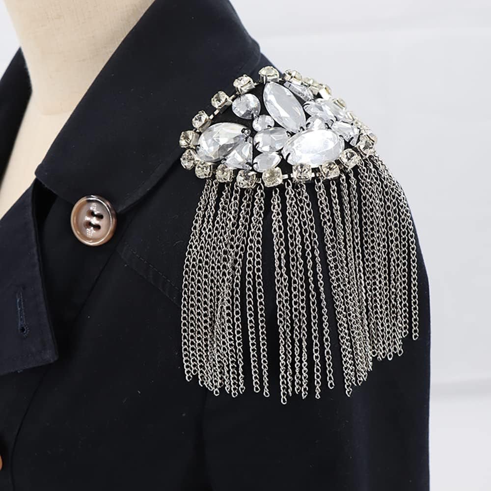 Crystal Beads Shoulder Epaulettes Chain Tassel Blazer Shoulder Epaulet Rhinestone Brooch Badge Pin by the Pair