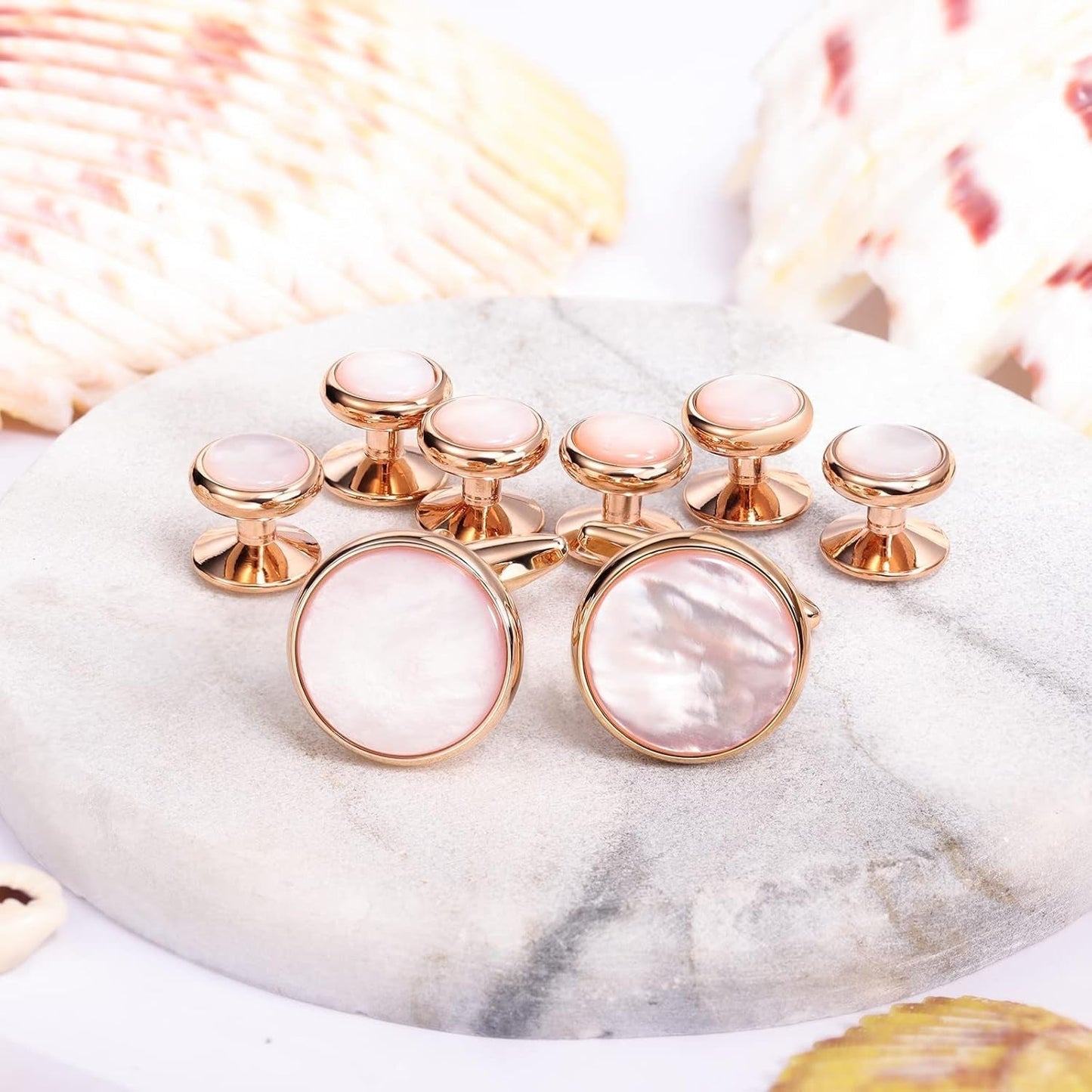 Cufflinks and Tuxedo Studs Set for Men with Gift Box, Rose Gold Tone Mother-Of-Pearl Cuff Links for French Cuff Shirt and Dress Shirt, Suitable for Wedding, Birthday, Party, Anniversary