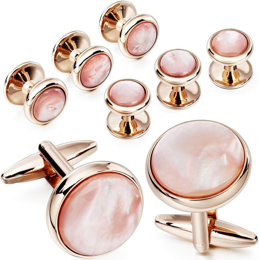 Cufflinks and Tuxedo Studs Set for Men with Gift Box, Rose Gold Tone Mother - Of - Pearl Cuff Links for French Cuff Shirt and Dress Shirt, Suitable for Wedding, Birthday, Party, Anniversary - WORLD TIME VISITS