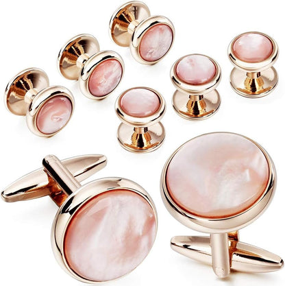 Cufflinks and Tuxedo Studs Set for Men with Gift Box, Rose Gold Tone Mother - Of - Pearl Cuff Links for French Cuff Shirt and Dress Shirt, Suitable for Wedding, Birthday, Party, Anniversary - WORLD TIME VISITS