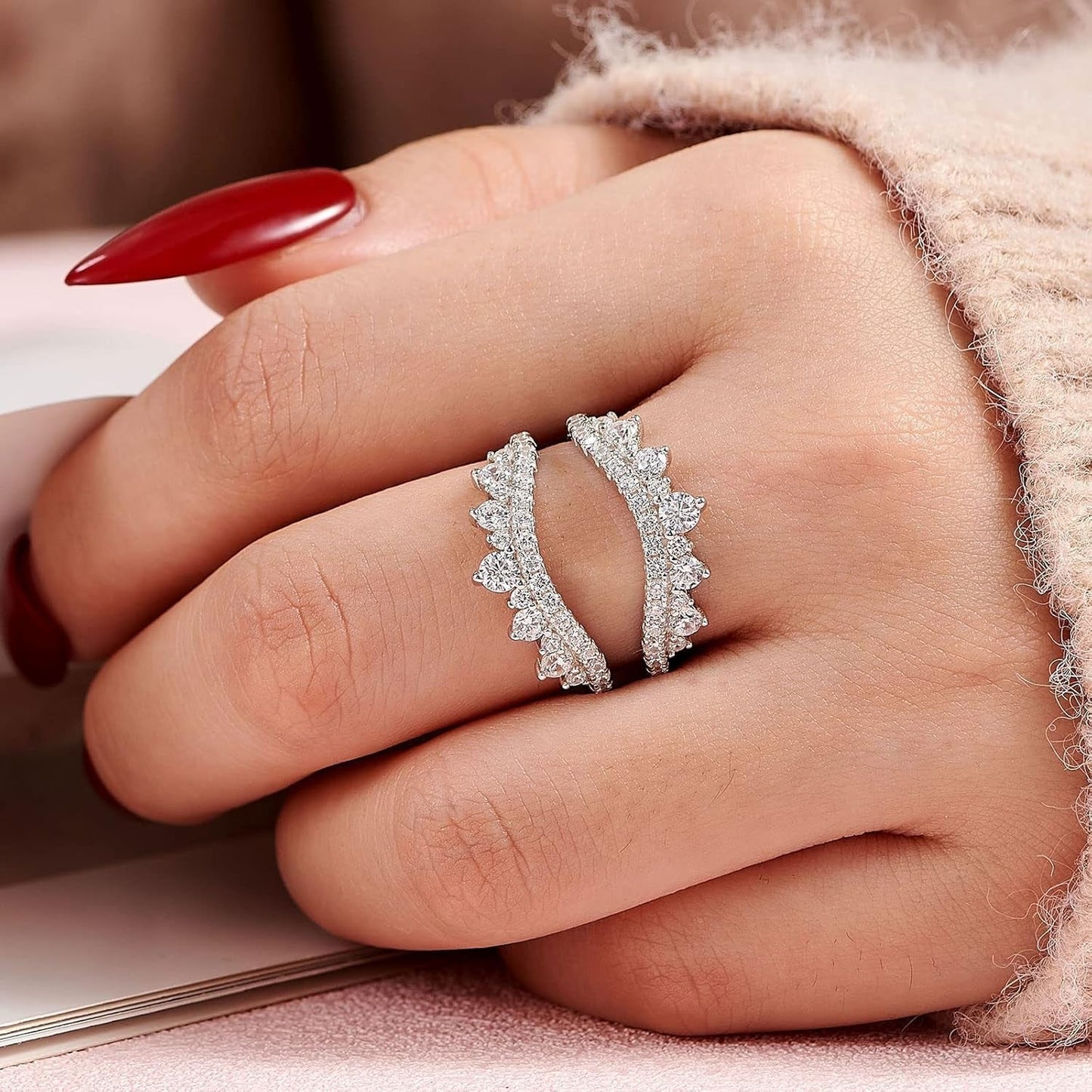 Curved Wedding Ring for Women Ring Enhancers Guard for Engagement Rings 925 Sterling Silver CZ - WORLD TIME VISITS