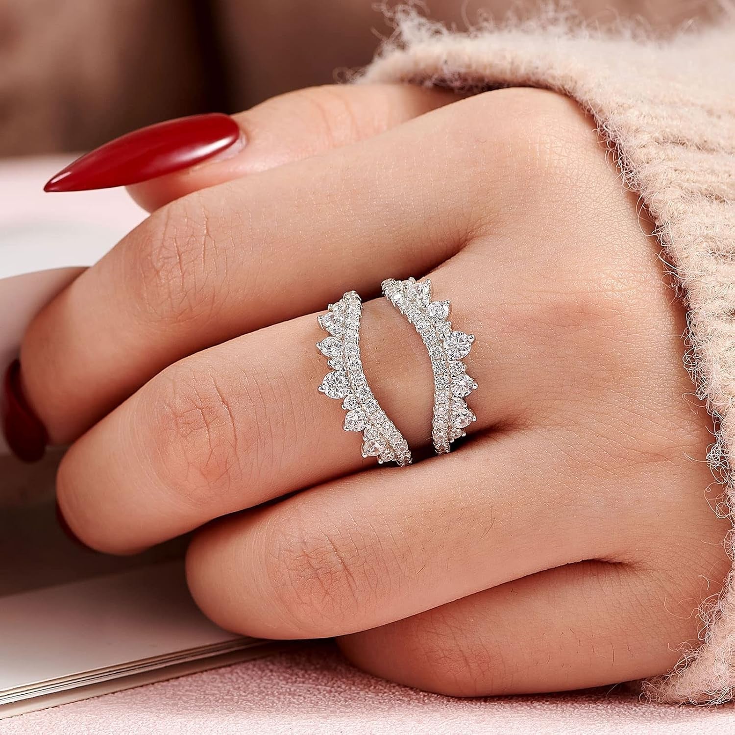 Curved Wedding Ring for Women Ring Enhancers Guard for Engagement Rings 925 Sterling Silver CZ - WORLD TIME VISITS
