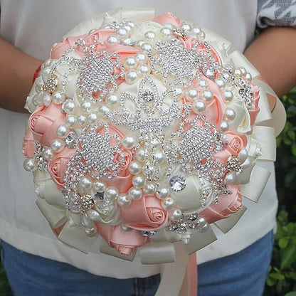 Customizable Charming Wedding Bouquets Diamond Brooch Bride Holding Flowers Cream Rose Ribbon Wedding Decoration Bridesmiad Bouquet - WORLD TIME VISITS