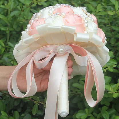 Customizable Charming Wedding Bouquets Diamond Brooch Bride Holding Flowers Cream Rose Ribbon Wedding Decoration Bridesmiad Bouquet