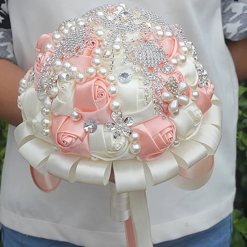 Customizable Charming Wedding Bouquets Diamond Brooch Bride Holding Flowers Cream Rose Ribbon Wedding Decoration Bridesmiad Bouquet - WORLD TIME VISITS