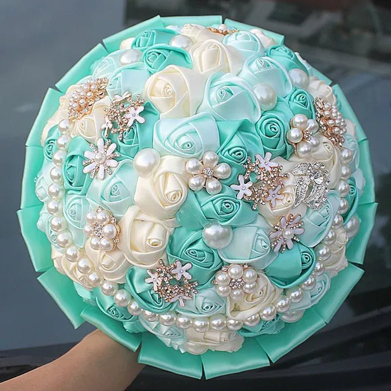 Customizable Mixed Color Silk Rose Wedding Bouquet Fine Pearl Diamond Brooch Bride Holding Flowers Artificial Wedding Flower Bridesmaid Bouquet 4Size