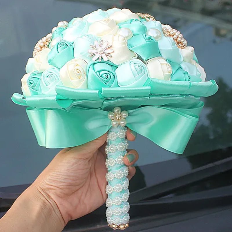 Customizable Mixed Color Silk Rose Wedding Bouquet Fine Pearl Diamond Brooch Bride Holding Flowers Artificial Wedding Flower Bridesmaid Bouquet 4Size