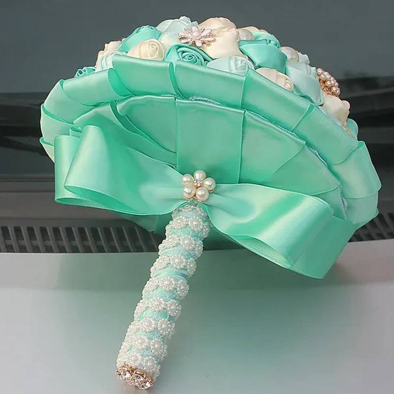 Customizable Mixed Color Silk Rose Wedding Bouquet Fine Pearl Diamond Brooch Bride Holding Flowers Artificial Wedding Flower Bridesmaid Bouquet 4Size