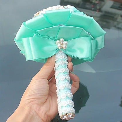 Customizable Mixed Color Silk Rose Wedding Bouquet Fine Pearl Diamond Brooch Bride Holding Flowers Artificial Wedding Flower Bridesmaid Bouquet 4Size