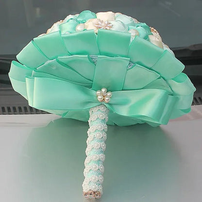 Customizable Mixed Color Silk Rose Wedding Bouquet Fine Pearl Diamond Brooch Bride Holding Flowers Artificial Wedding Flower Bridesmaid Bouquet 4Size