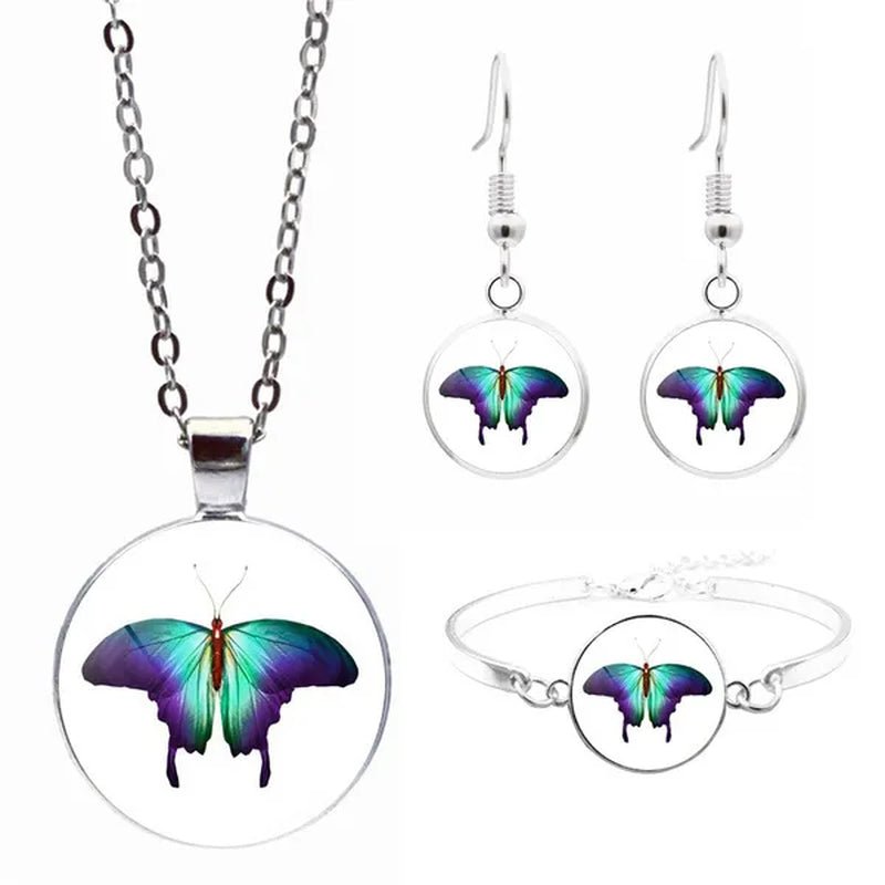Cute Butterfly Cabochon Glass Pendant Necklace Earrings Bracelet Bangle Jewelry Set (Totally 4 Pcs) Fashion Necklace Stud Earrings Bracelet Bangle Set for Women's Unique Gifts - WORLD TIME VISITS