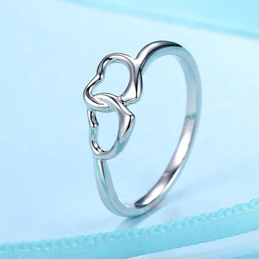 Cute Simple Double Heart Shaped Ring Elegant 925 Sterling Silver Rings Gifts for Women Girl - WORLD TIME VISITS