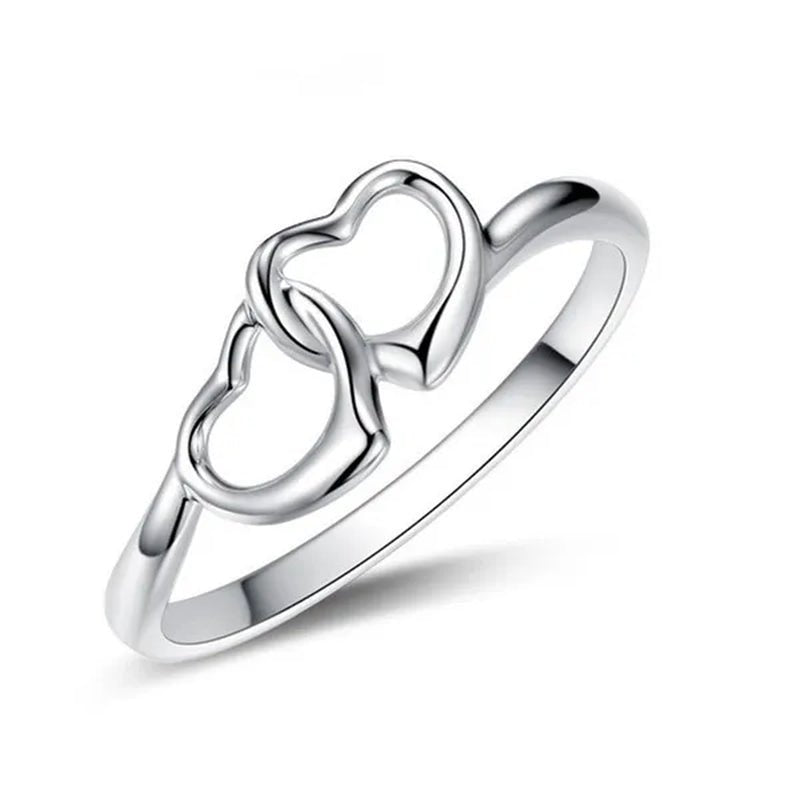 Cute Simple Double Heart Shaped Ring Elegant 925 Sterling Silver Rings Gifts for Women Girl