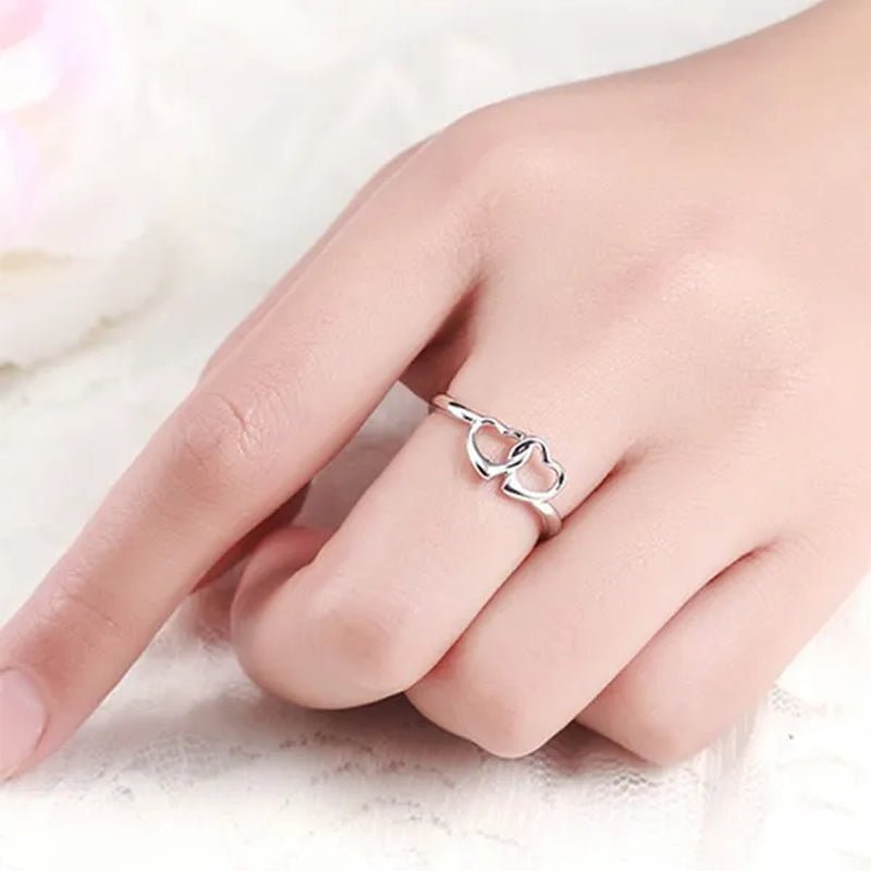 Cute Simple Double Heart Shaped Ring Elegant 925 Sterling Silver Rings Gifts for Women Girl - WORLD TIME VISITS