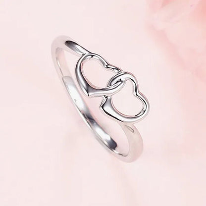 Cute Simple Double Heart Shaped Ring Elegant 925 Sterling Silver Rings Gifts for Women Girl