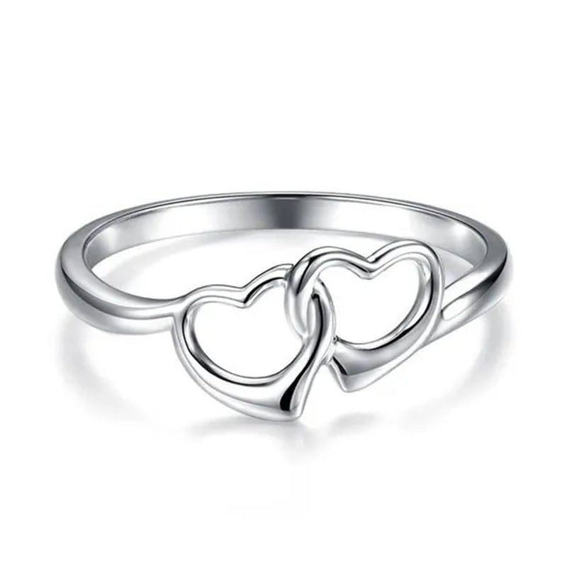 Cute Simple Double Heart Shaped Ring Elegant 925 Sterling Silver Rings Gifts for Women Girl