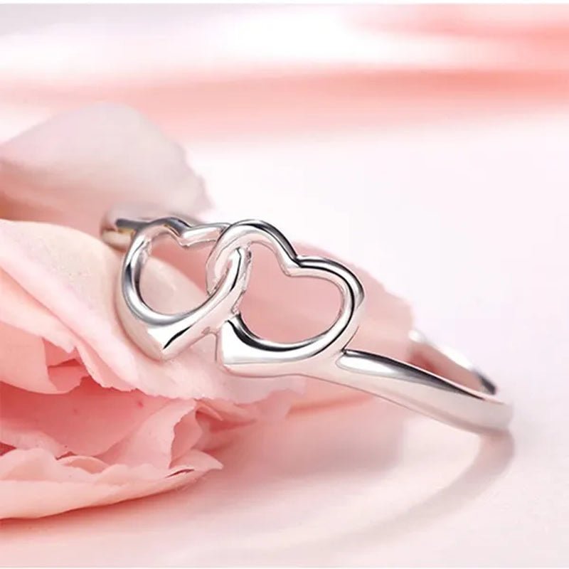 Cute Simple Double Heart Shaped Ring Elegant 925 Sterling Silver Rings Gifts for Women Girl
