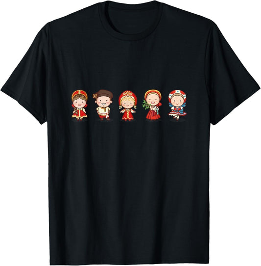 Cute Traditional Russian Characters in Russian Clothing T-Shirt - WORLD TIME VISITS
