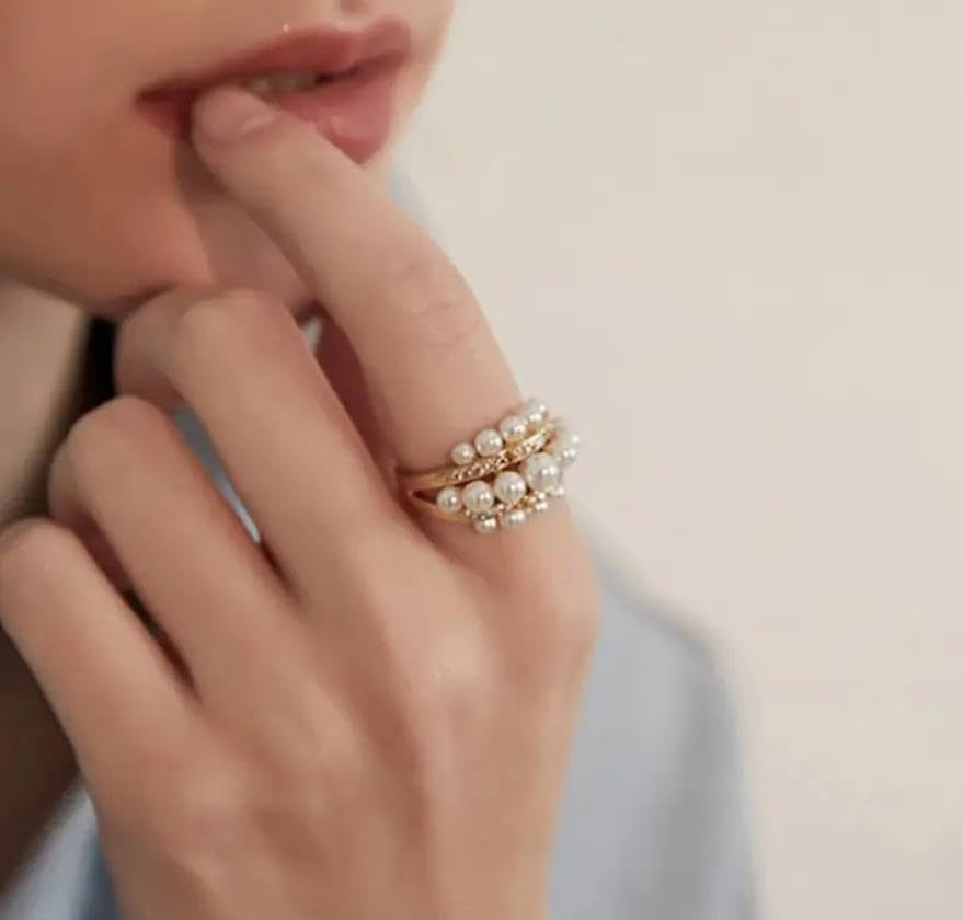 Pearl Rings for Women - Freshwater Gold Pearl Stackable Beaded Open Adjustable Boho Vintage Thumb Midi Pinky Knuckle Rings - Christmas Jewelry Gifts