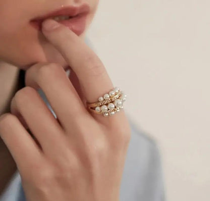Pearl Rings for Women - Freshwater Gold Pearl Stackable Beaded Open Adjustable Boho Vintage Thumb Midi Pinky Knuckle Rings - Christmas Jewelry Gifts