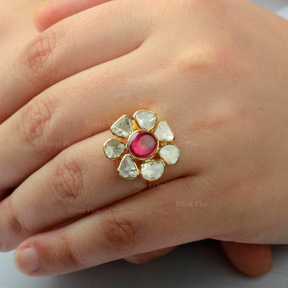Solid 18K Yellow Gold Genuine Cabochon Ruby and Diamond Polki Ring Traditional Jewelry