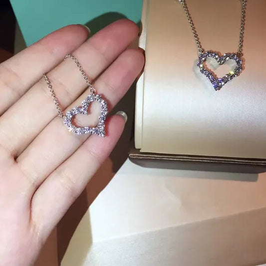 Luxury 925 Sterling Silver Heart-Shaped Diamond Pendant Necklace Women Shiny Silver Chain Clavicle Fashion Jewelry Gift for Girl (100% Pure Silver)