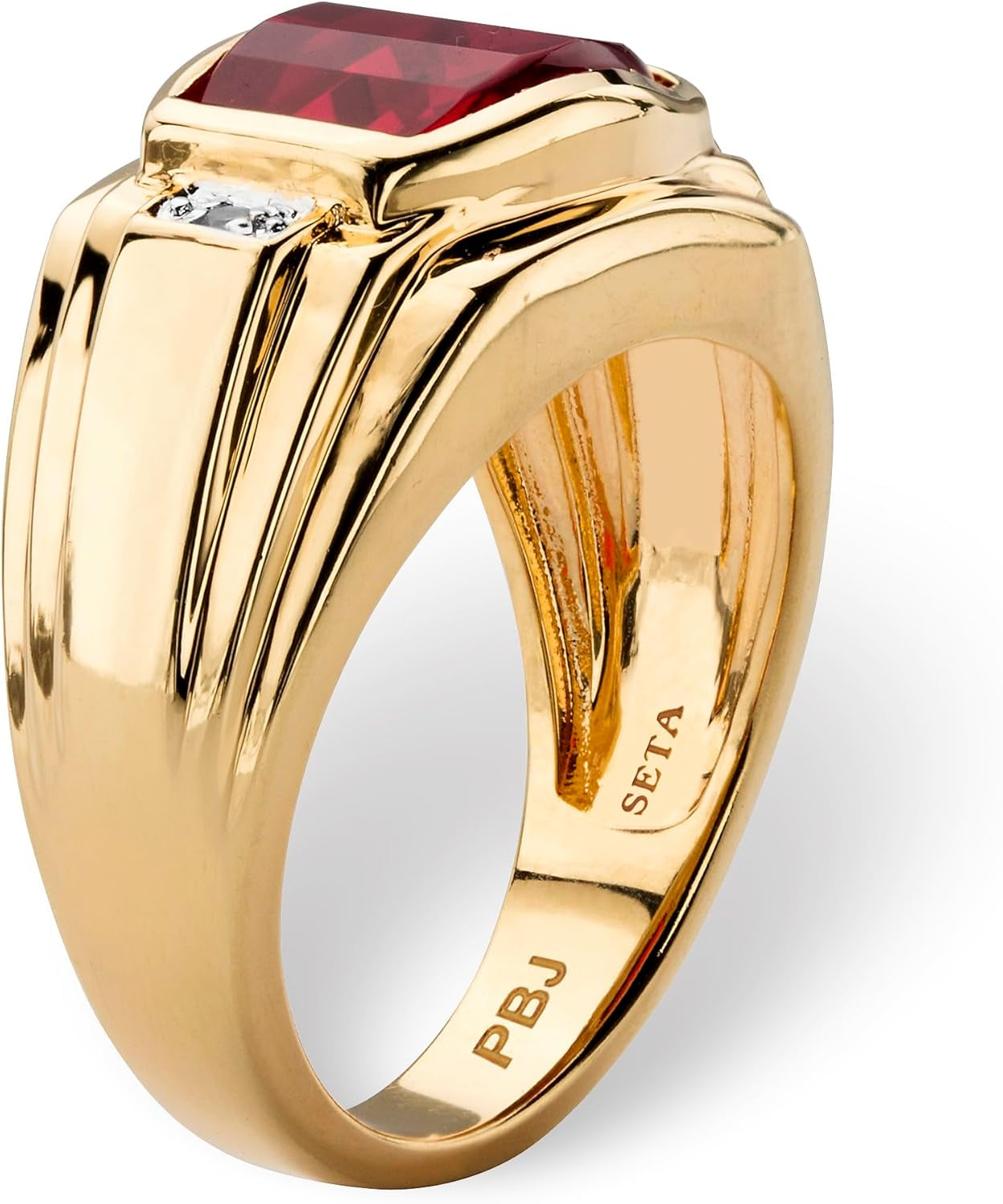 Men'S 18K Yellow Gold Plated Emerald Cut Created Red Ruby and Diamond Accent Ring