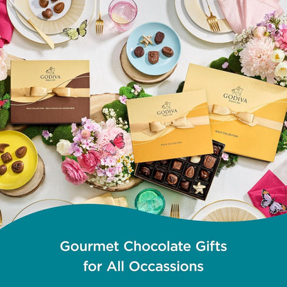 Chocolate Gift Box for Birthday, Thank You, Anniversary, Gift Basket Gold Ribbon Gourmet Nuts Dark and Milk Chocolate Candy Assortment with Praline and Caramel, 18Pc