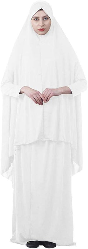 Women'S Muslim Prayer Dress Hijab Scarf Islamic Abaya Two-Piece Full Length Dress (White, L)