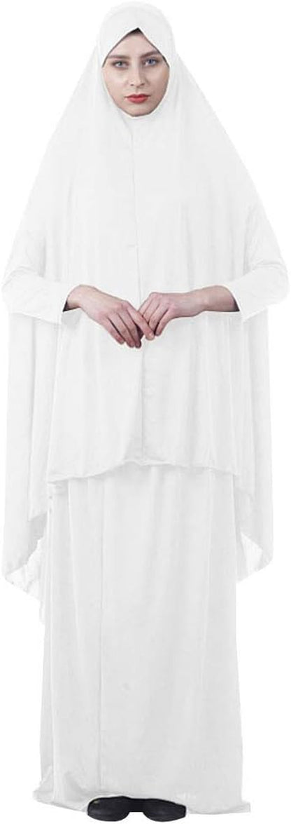 Women'S Muslim Prayer Dress Hijab Scarf Islamic Abaya Two-Piece Full Length Dress (White, L)