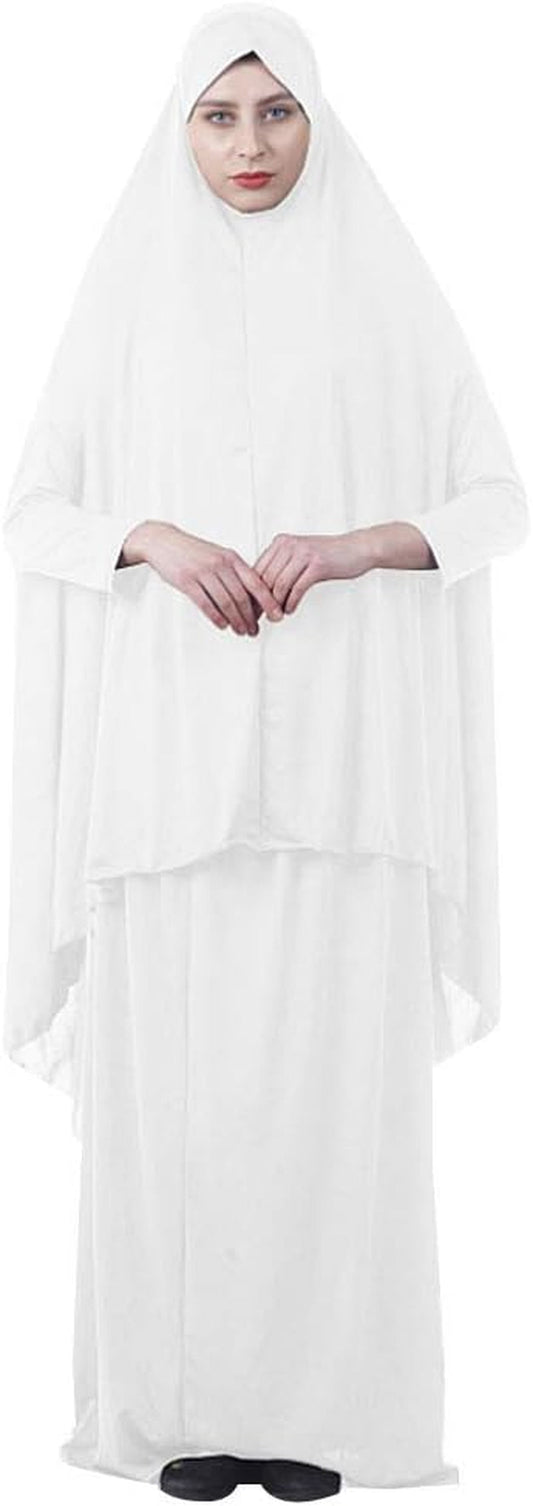 Women'S Muslim Prayer Dress Hijab Scarf Islamic Abaya Two-Piece Full Length Dress (White, L)