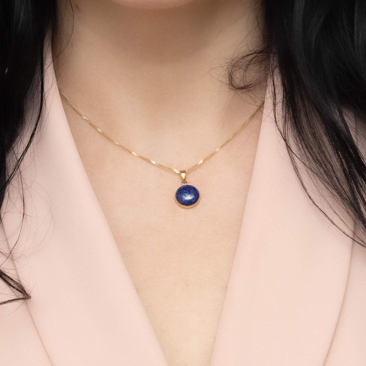 14K Gold Lapis Lazuli Pendant - Solid Yellow Gold Blue Lapis Gemstone Necklace, December Birthstone 12Mm round Stone, Handmade Classic Minimalistic Jewelry Birthday Gift for Women